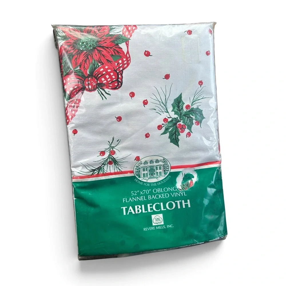 Vintage Revere Mills Christmas Tablecloth 52x70 Oblong Flannel Backed Vinyl New